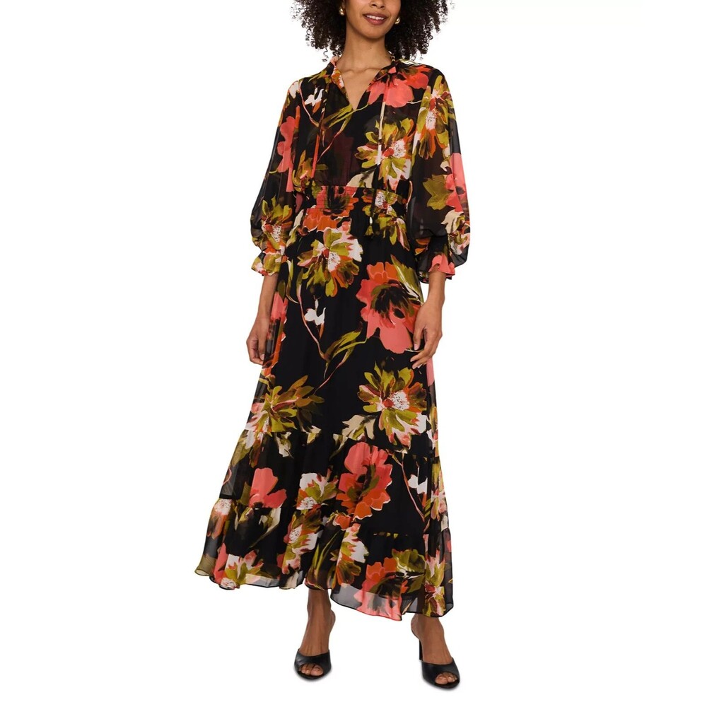 Vince Camuto Women's Floral-Printed Smocked-Waist Maxi Dress Coral Black L